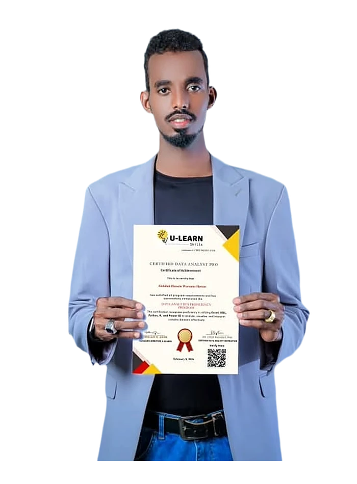 A U-Learn Skills graduate holding their Certified Data Analyst Pro certificate